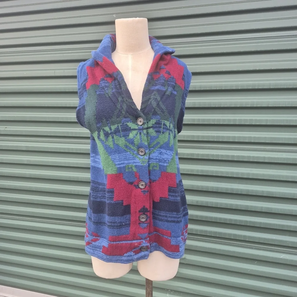 Chaps Denim Hooded Sweater Vest Large Southwest Aztec Tribal Knit Button Front